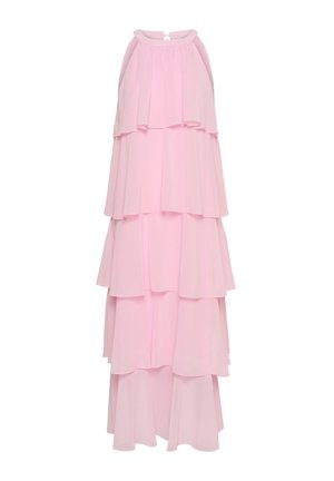 Light pink sleeveless gown with high neckline and layered, flowing fabric tiers extending to the floor.