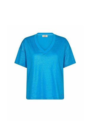 Lyseblå kortærmet V-hals sweater med afslappet pasform og lille mærke ved kanten.