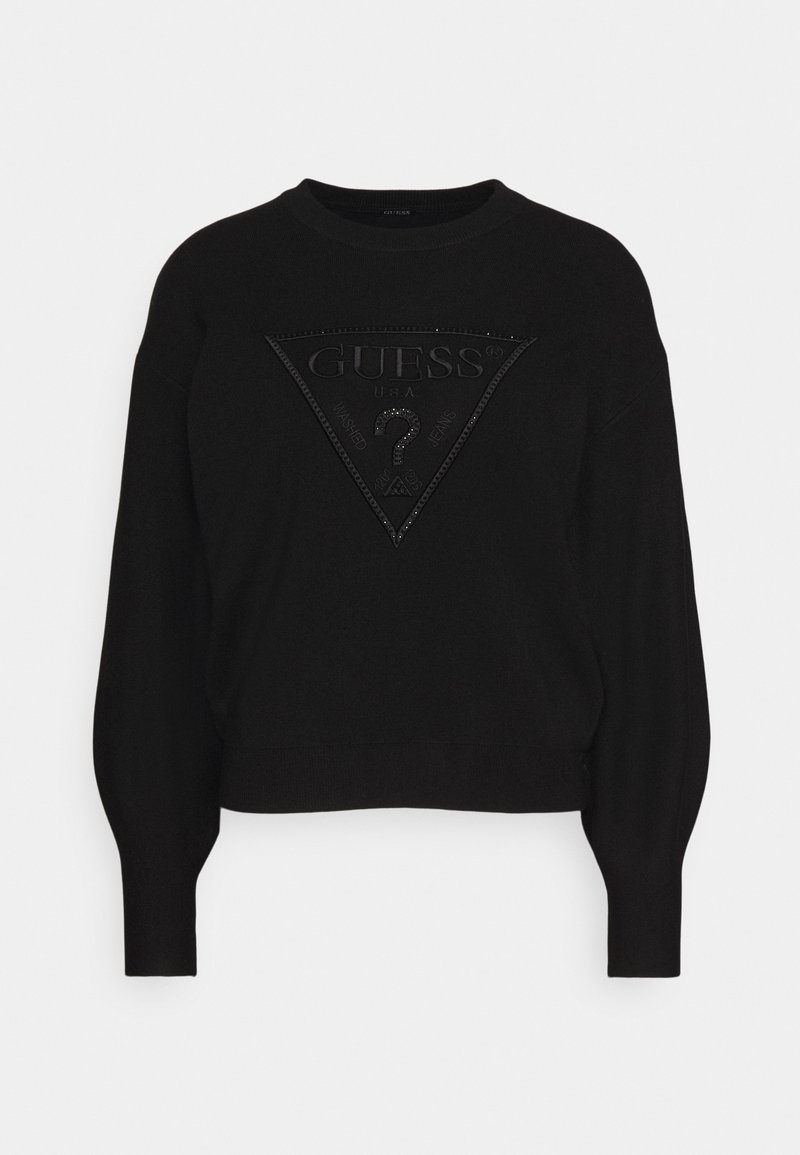 Pull noir à manches longues avec manches bouffantes, présentant un triangle du logo Guess embossé en noir avec un point d'interrogation sur le devant.