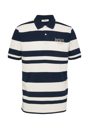 Granatowo-biała, poziomo prążkowana koszulka polo z krótkim rękawem, z granatowym kołnierzykiem i napisem "Rethink & Reflect" na lewej piersi.