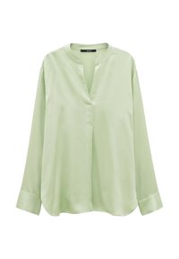 Blusa a maniche lunghe verde chiaro in tessuto morbido, con scollatura a V, sottile sopraffagotto e orlo arrotondato con maniche a cannellé.