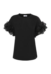 Camiseta negra de manga corta con volantes, hecha de tela de rayas transparente. Presenta un escote redondo y un ajuste ligeramente relajado.