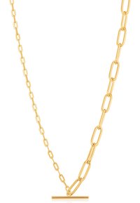 Collana in oro con catena presenta maglie allungate e un chiusura a toggles orizzontale, evidenziando un design elegante e moderno.