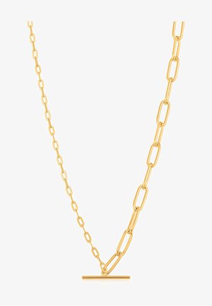 Guldfarvet kædedyse med forlængede led og en vandret toggle-lukning, der viser et slankt, moderne design.