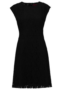 Schwarzes Spitzenkleid mit kurzen Kapellärmel, tailliertem Oberteil und schwingendem Rock. Bietet ein strukturiertes Blumenmuster und einen bescheidenen, runden Ausschnitt.