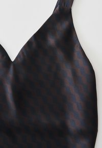 Tiefbraune und marineblaue gemusterte Camisole mit V-Ausschnitt, ausgestattet mit einer glatten Satin-Oberfläche und verstellbaren Trägern.