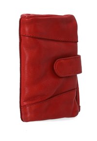Red leather wallet with a textured finish, featuring a secure snap closure and a side zipper for added storage. Compact rectangular shape.