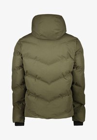 Olijfgroene pufferjack met een afneembare capuchon, voorzien van een chevron-quiltpatroon en zwarte ribgebreide mouwen.