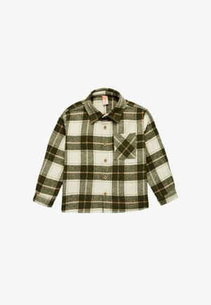 Camicia a quadri verde e bianca con maniche lunghe, caratterizzata da un colletto e una tasca sul petto sinistro a motivo romboidale. Tessuto morbido.