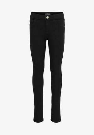 Crne uske traperice od denima, s pet džepova, zatvaranjem na dugme i toniranom šavom. Tkanina ima glatku teksturu.