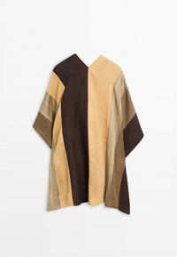 Loose short-sleeve garment with vertical color blocks in beige, brown, and tan shades, displayed against a plain white background.