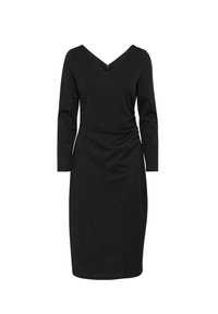Vestido negro con escote en V, mangas largas, diseño ajustado y fruncidos laterales. Hecho de tela suave, hasta la rodilla y con un dobladillo asimétrico.
