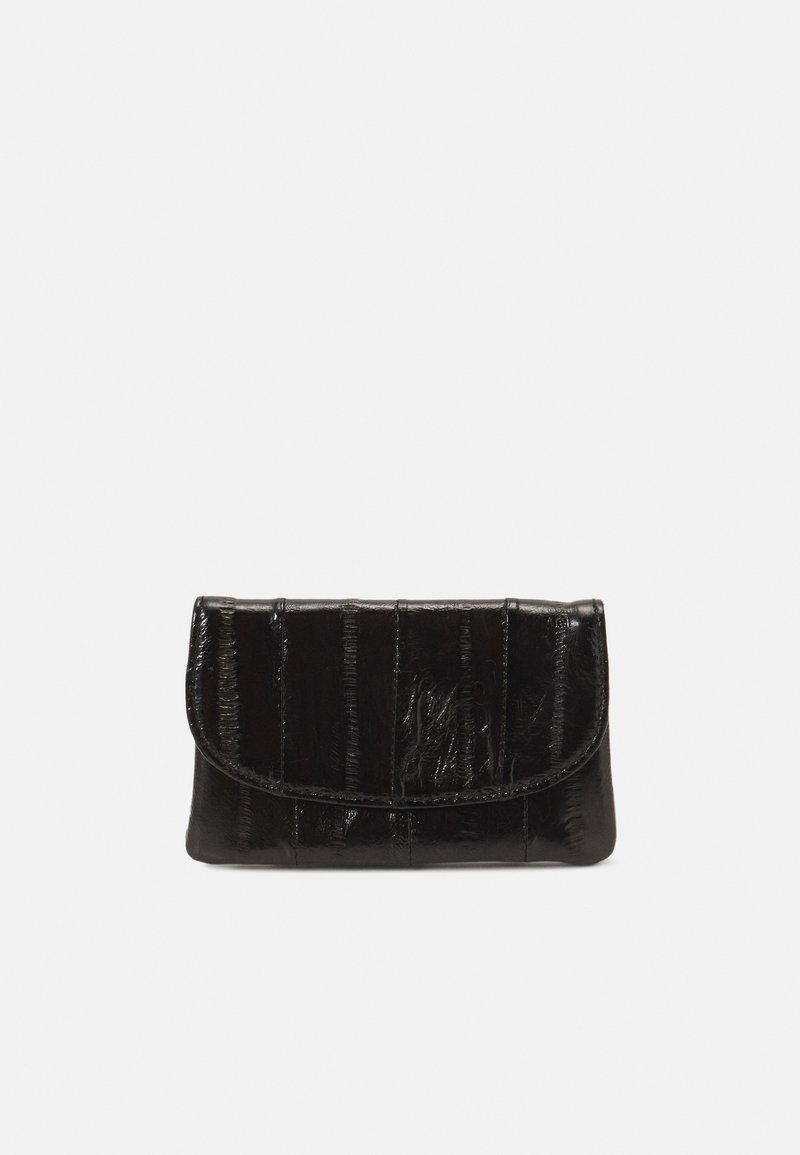 Black, textured leather clutch with a flap closure, featuring vertical stitching for added detail. Compact rectangular shape.