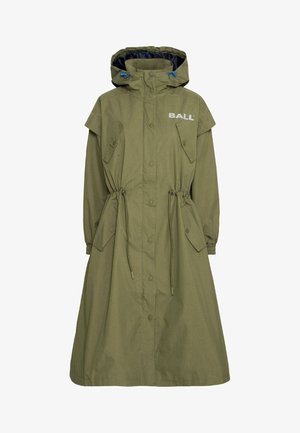 Green long coat with a hood, drawstring waist, and snap closures. Features large utility pockets and a logo on the chest.