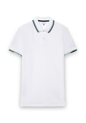 Polo bianca in cotone, con colletto a due bottoni, dettagli a righe verdi e blu navy sul collo e sulle maniche. Taglia XL.