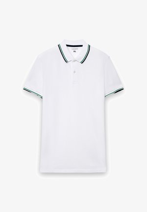 Polo bianca in cotone, con colletto a due bottoni, dettagli a righe verdi e blu navy sul collo e sulle maniche. Taglia XL.