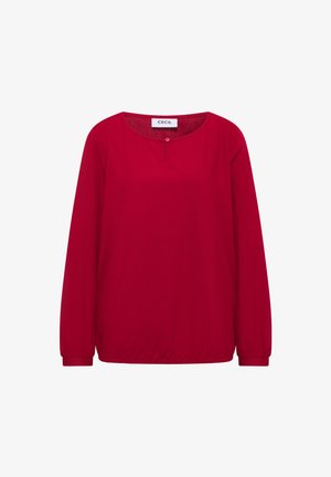 Rode blouse met lange mouwen en ronde halslijn, voorzien van een knoopdetails aan de voorkant en een elastische onderrand en manchetten voor een comfortabele pasvorm.