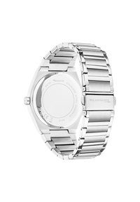 RVS-horloge met een octagonaal kast, een zilverkleurige mesh band en een reflecterende achterkant die het merk en de waterbestendigheidsdetails toont.