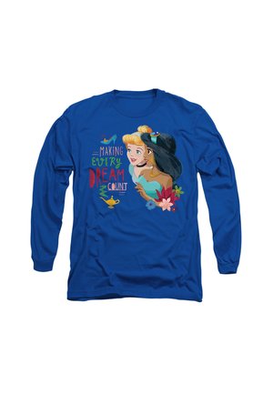 Blue long-sleeve shirt featuring animated characters with text "Making Every Dream Count," floral accents, and a lamp illustration.