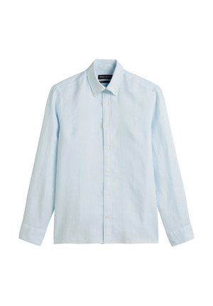 Light blue button-up shirt with long sleeves, made from a smooth fabric. Features a classic collar and front placket with white buttons.