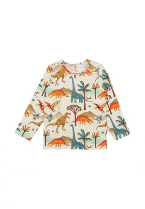 Langärmeliges Kinderhemd mit farbenfrohen Illustrationen von Dinosauriern und Palmen auf hellem Hintergrund.