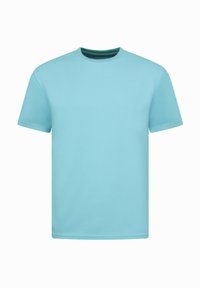 Lichtblauw T-shirt met korte mouwen en een gestructureerde oppervlakte, voorzien van een ronde halslijn en een contrasterende donkerblauwe binnencollier.