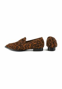 Leopard print loafers in brown suede with a flat black heel and stitched detailing on the front and sides. Features a classic moccasin design.
