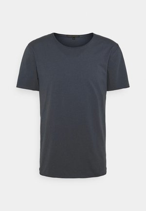 Dunkelgraues Kurzarm-T-Shirt aus weicher Baumwolle. Hat einen runden Halsausschnitt und einen geraden Saum ohne sichtbare Muster oder Akzente.