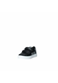 Sneakers neri con due cinturini in Velcro, suola di gomma bianca e scritta dettagliata in argento "BL'DC" sul lato. Materiale in pelle liscia.