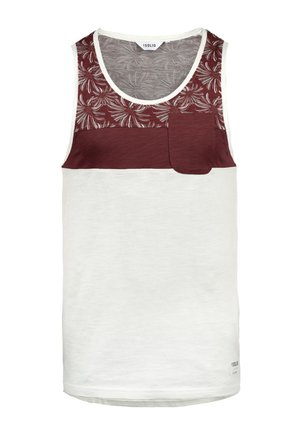 Heren tanktop met een witte bodem, bordeauxrode bovenkant met een gestructureerd bloemenpatroon en een klein borstzakje. Gemaakt van zachte stof.