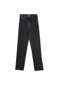 Jean en denim noir avec une coupe droite, cinq poches, et des accessoires argentés incluant un bouton et une fermeture éclair. Tissu texturé.