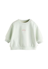 Sweat-shirt vert menthe avec manches courtes bouffantes, poignets et ourlet côtelés. Présente un détail brodé "Little" sur le devant. Texture douce.