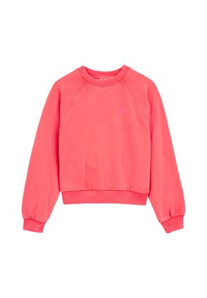 Roze sweatshirt met een ronde halslijn, raglanmouwen en geribbelde manchetten. Heeft een klein paars stersymbool aan de voorkant. Zachte stoftextuur.