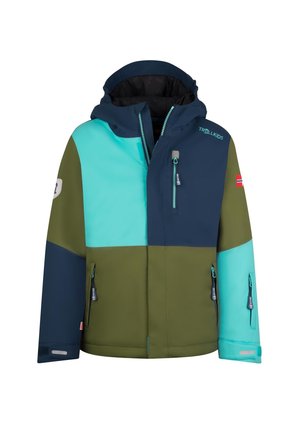 Farbenfroh blockierte Jacke mit dunkelblauen, teal und olivgrünen Paneelen. Enthält eine Kapuze, Reißverschlusstaschen und einen reflektierenden Akzent.