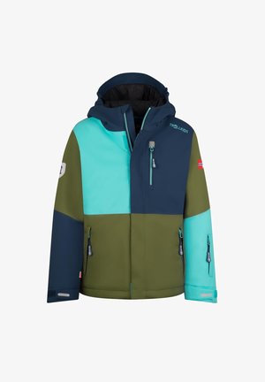 Color-blocked jacket featuring dark navy, teal, and olive green panels. Includes a hood, zippered pockets, and a reflective accent.