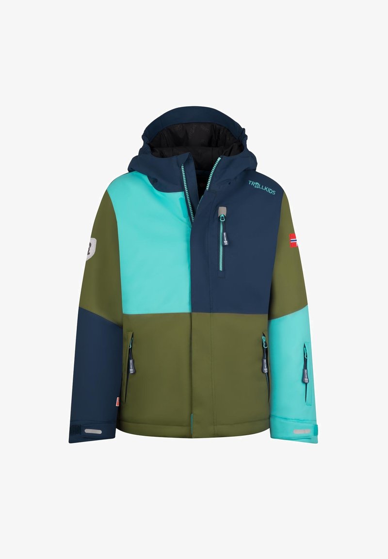 Farbenfroh blockierte Jacke mit dunkelblauen, teal und olivgrünen Paneelen. Enthält eine Kapuze, Reißverschlusstaschen und einen reflektierenden Akzent.