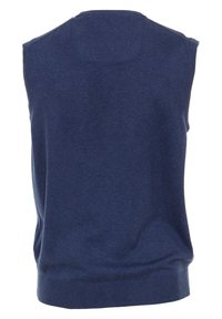 Granatowy bezrękawnik z miękkiego, teksturowanego materiału. Posiada żebrowany dół i gładki tył. Brak widocznych elementów metalowych lub akcentów.
