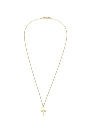 Collier délicat en chaîne d'or avec un petit pendentif croix en or poli et fermeture à fermoir mousqueton.