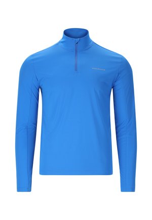 Blå atletisk top med lange ærmer, kvartlynlås i kraven og diskret "Endurance"-logo på brystet.