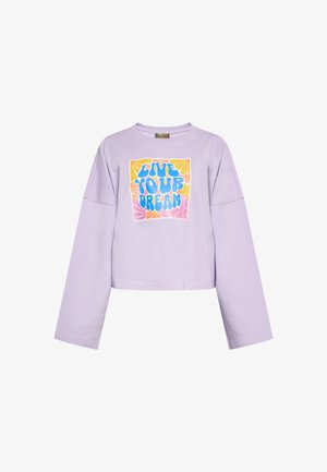 Lila-cropped sweatshirt met wijde mouwen, voorzien van een meerkleurige grafische print met de tekst "LEEF JE DROOM" omringd door bloemaccenten.