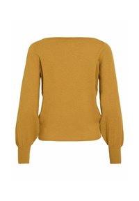 Maglione a maniche lunghe color giallo senape con scollatura quadrata e maniche arricciate. Texture morbida e design aderente. Nessun motivo o accento visibile.