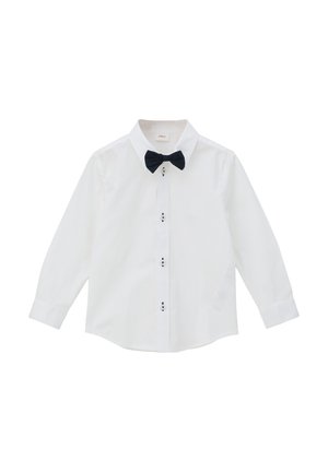 Witte blouse met lange mouwen en een zwarte strik. Heeft een klassieke kraag, een doorknopen voorkant en contrasterende knoopaccenten op de sluiting.
