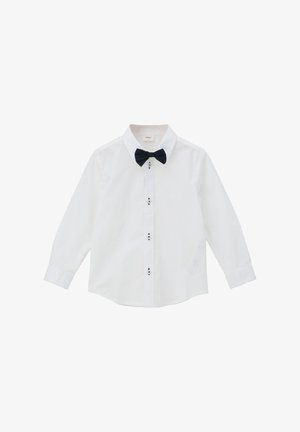 Weißes Langarmhemd mit einer schwarzen Fliege. Verfügt über einen klassischen Kragen, eine durchgehende Knopfleiste und kontrastierende Knopfakzente an der Knopfleiste.
