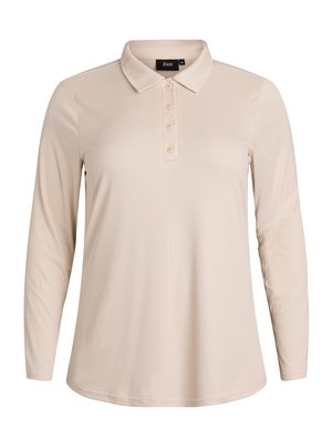 Beige Langarm-Polohemd mit strukturiertem Rippenmuster, Kragen und einer Knopfleiste mit fünf Knöpfen. Weicher Stoff mit lässigem Schnitt.