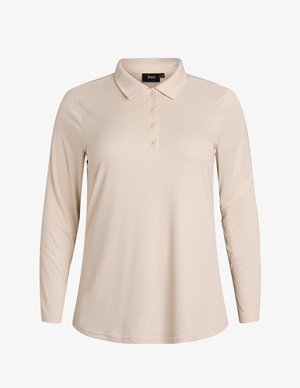 Beige Langarm-Polohemd mit strukturiertem Rippenmuster, Kragen und einer Knopfleiste mit fünf Knöpfen. Weicher Stoff mit lässigem Schnitt.