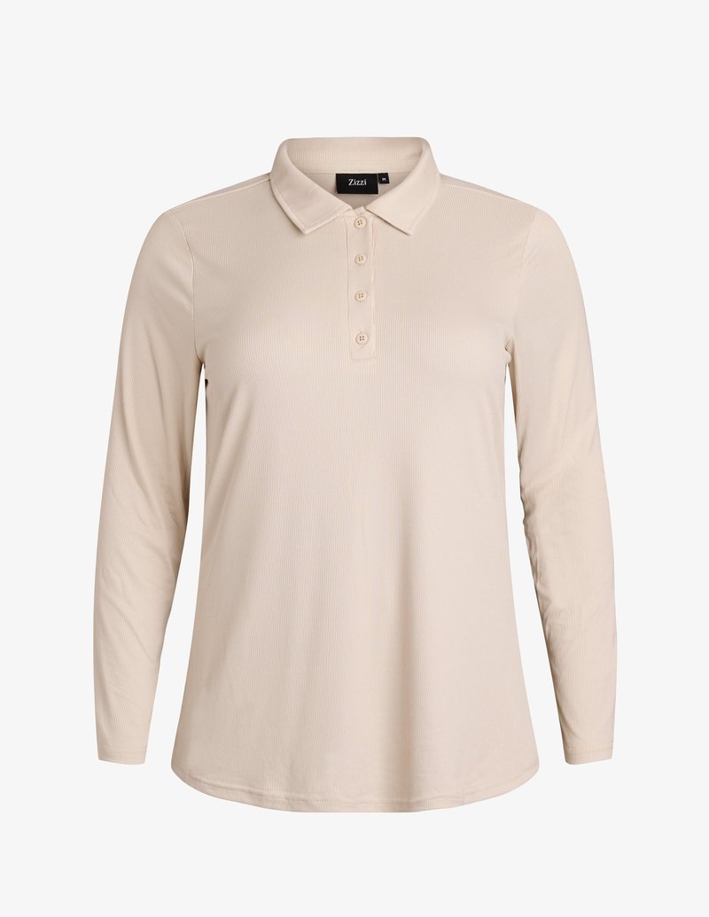 Beige polo majica z dolgimi rokavi, ki ima teksturirano rebrasto zasnovo, ovratnik in zanko s petimi gumbi. Mehka tkanina s sproščenim krojem.