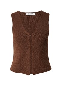 Brauner, gestrickter ärmelloser Pullover mit V-Ausschnitt, der aus einem strukturierten Stoff mit einem dezenten vertikalen Muster besteht. Die Vorderseite hat einen Reißverschluss.