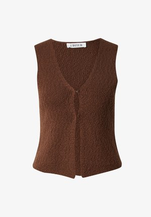 Brauner, gestrickter ärmelloser Pullover mit V-Ausschnitt, der aus einem strukturierten Stoff mit einem dezenten vertikalen Muster besteht. Die Vorderseite hat einen Reißverschluss.