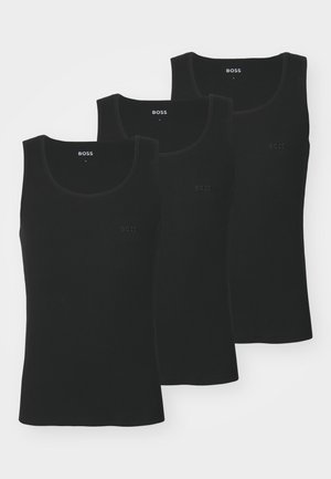 Three black cotton tank tops with a round neckline and small embossed logo, featuring a smooth texture and sleeveless design.