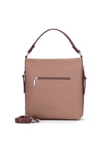 Borsa quadrata in materiale rosa chiaro testurizzato con tracolla maroon staccabile e tasca frontale con zip. Presenta doppie maniglie e dettagli metallici.